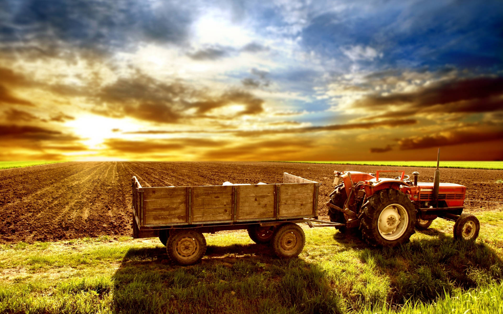 Red Tractor With Farm Cart Wallpaper