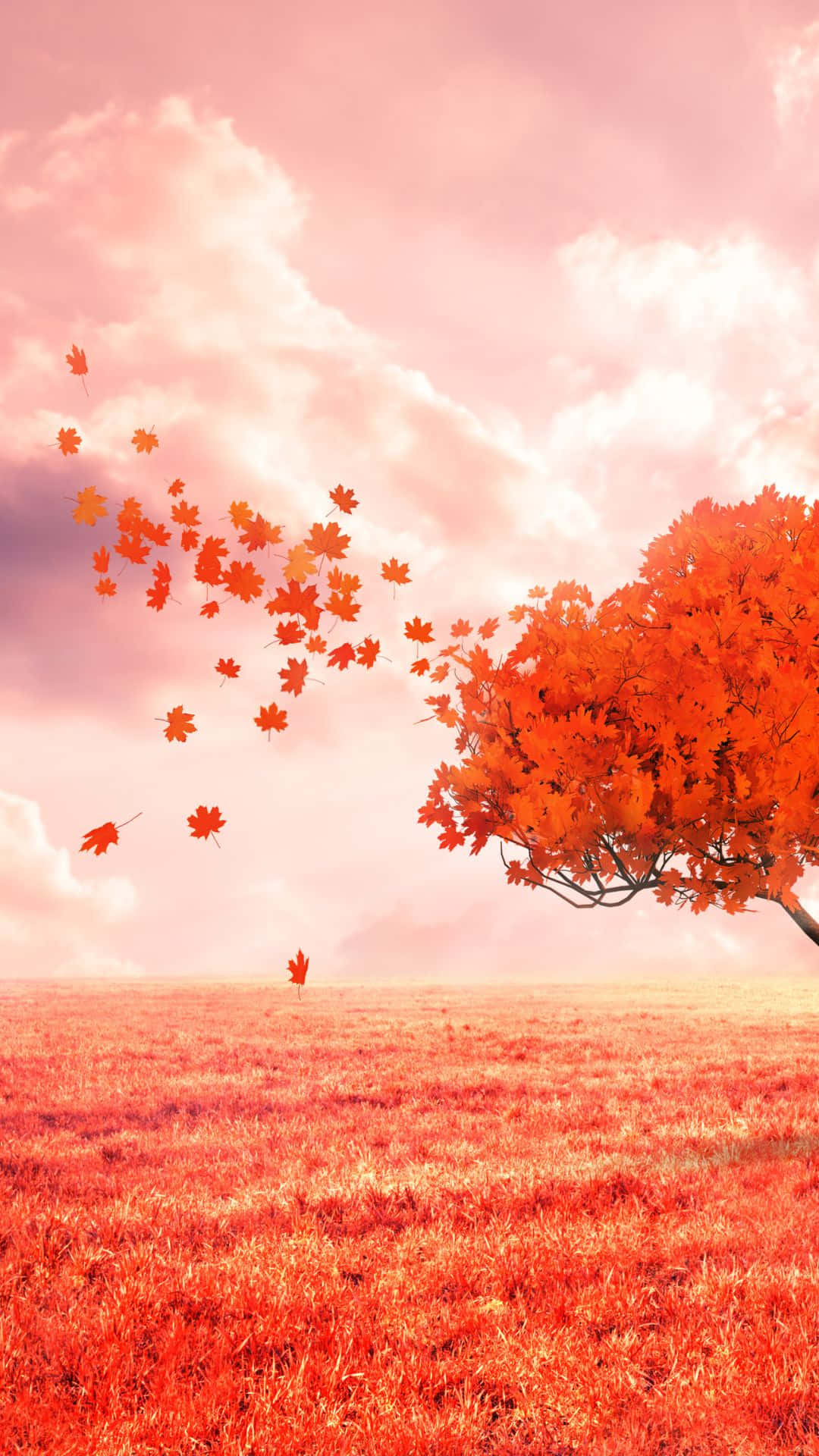 Billede et livligt rødt træ oplyst af et varmt lys Wallpaper