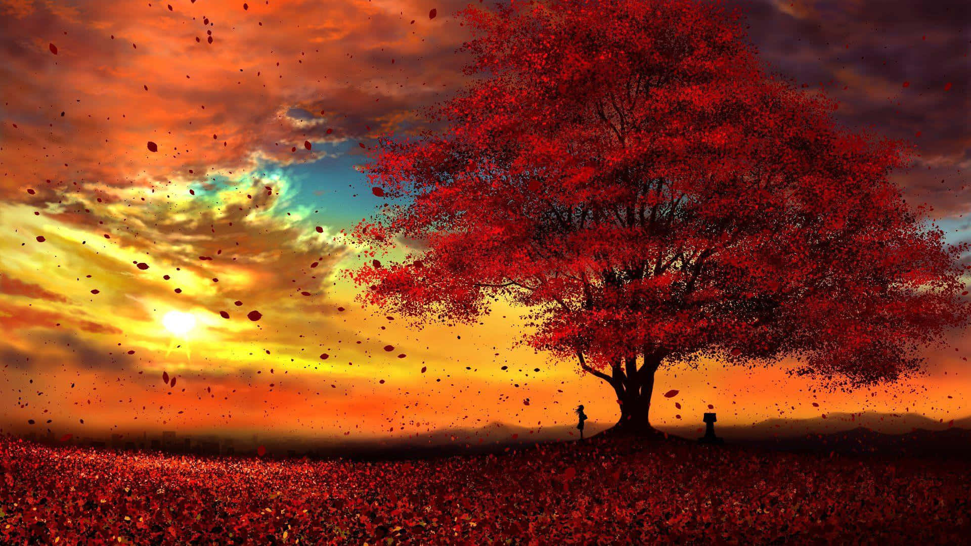 A majestic red tree's silhouette illuminated by the sunrise Wallpaper