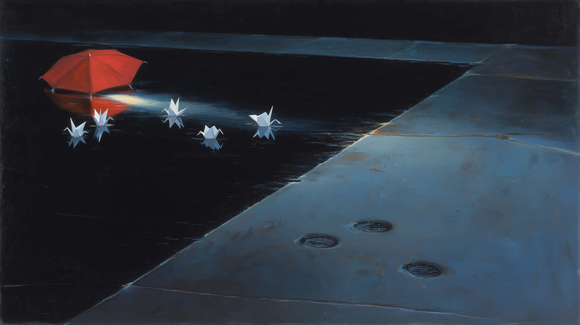 Red Umbrella And Origami Cranes On A Reflective Dark Surface Wallpaper