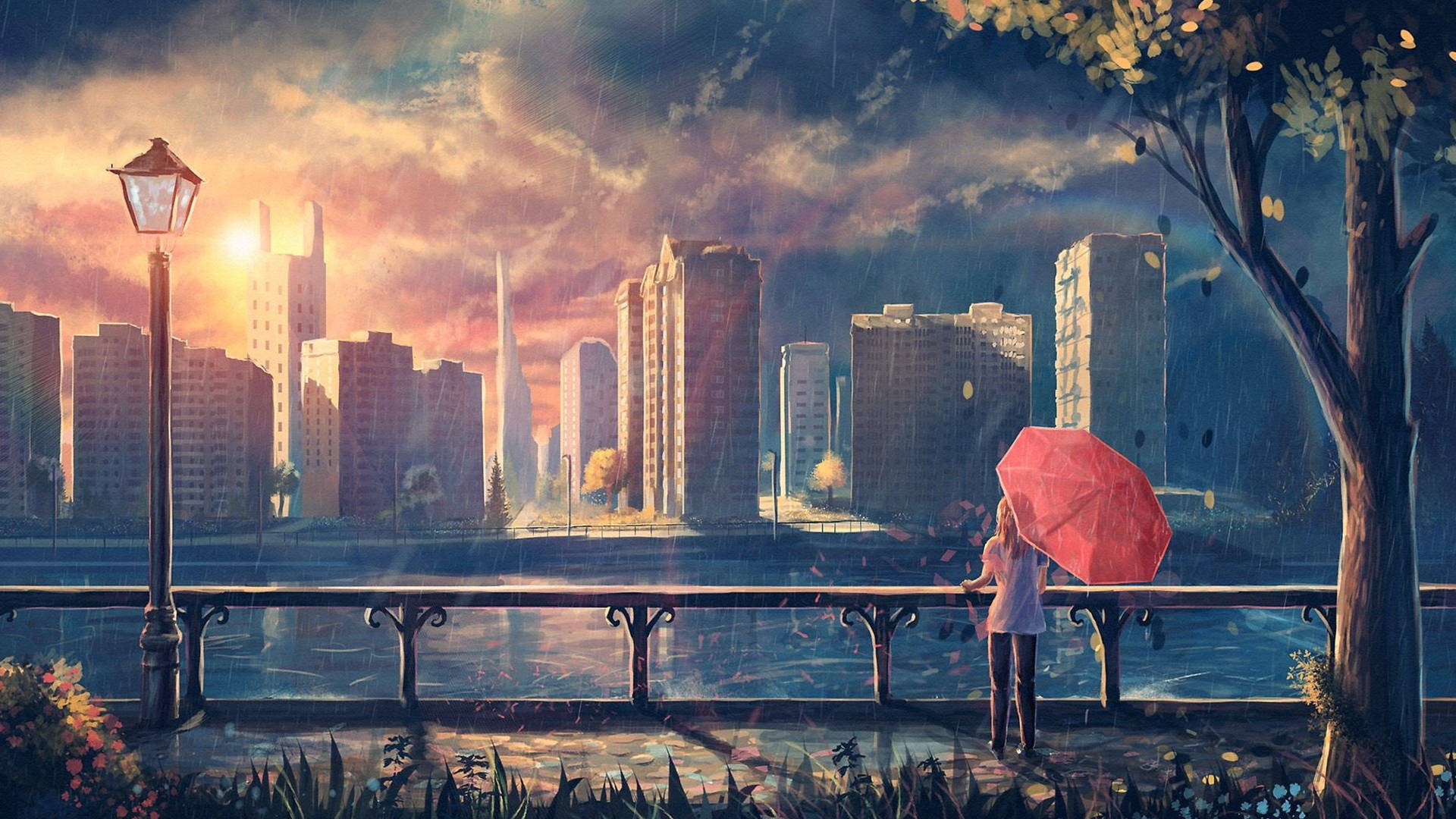Red Umbrella Anime City Background Wallpaper