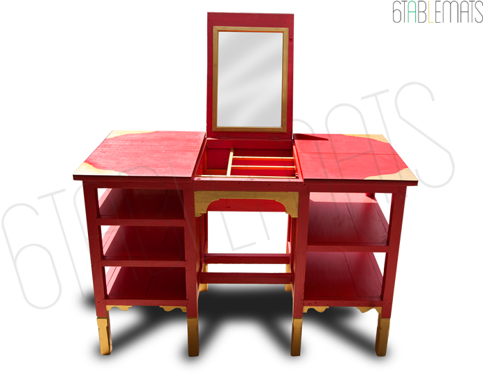 Red Wooden Dressing Table With Mirror PNG