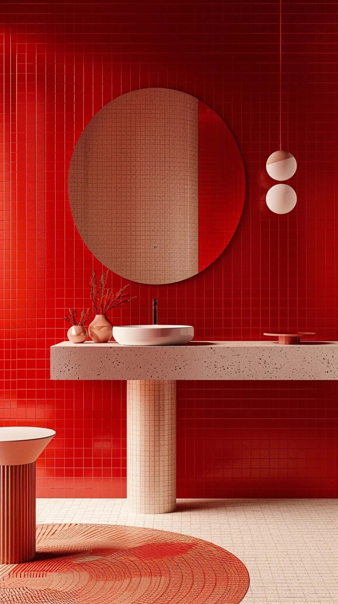 Red Y2 K Style Bathroom Interior Wallpaper