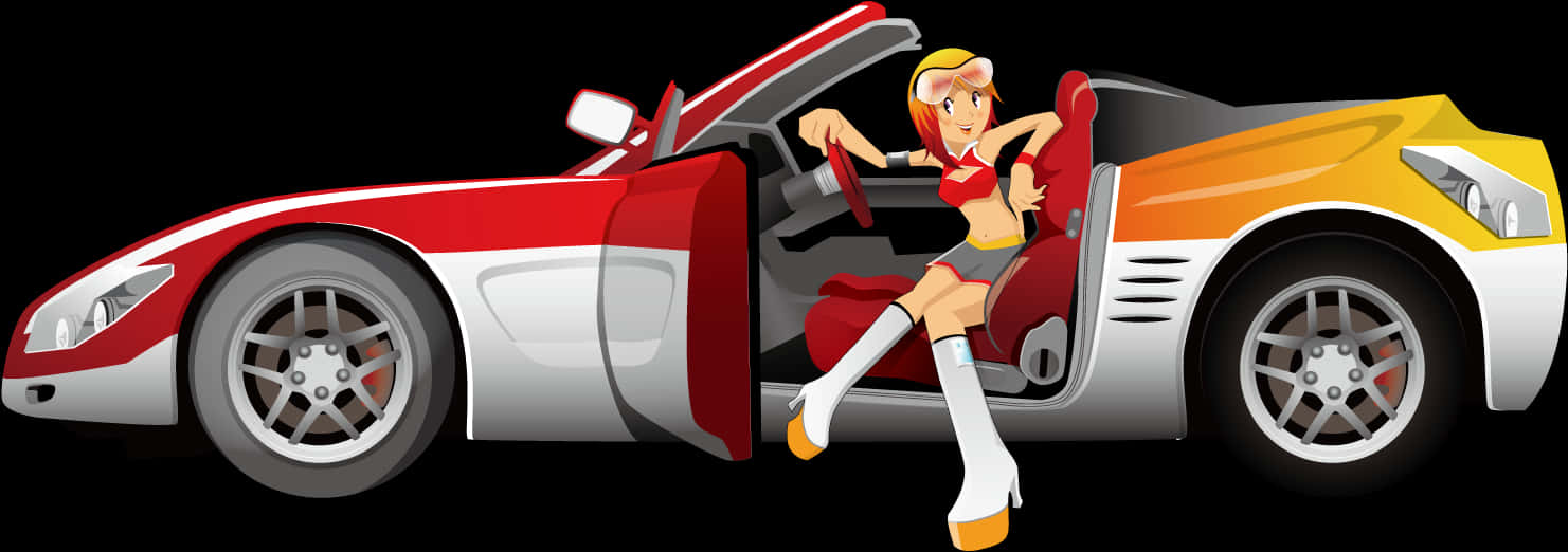 Red_and_ Yellow_ Sports_ Car_ Vector_with_ Female_ Character PNG