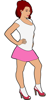 Redhead Girlin White Topand Pink Skirt PNG