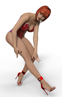 Redhead Modelin Red Swimwearand Heels PNG