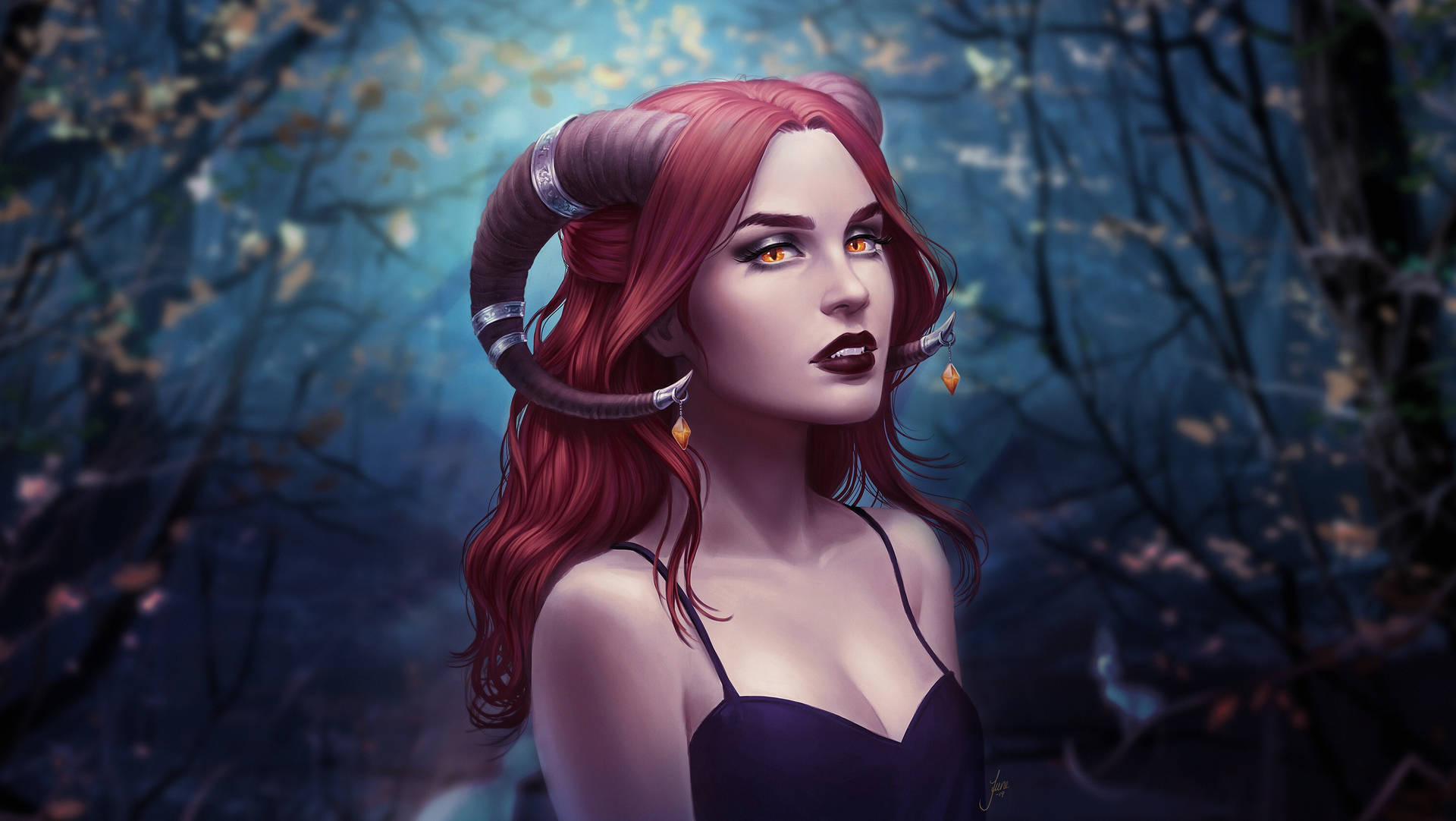 Redhead Succubus In Forest Wallpaper