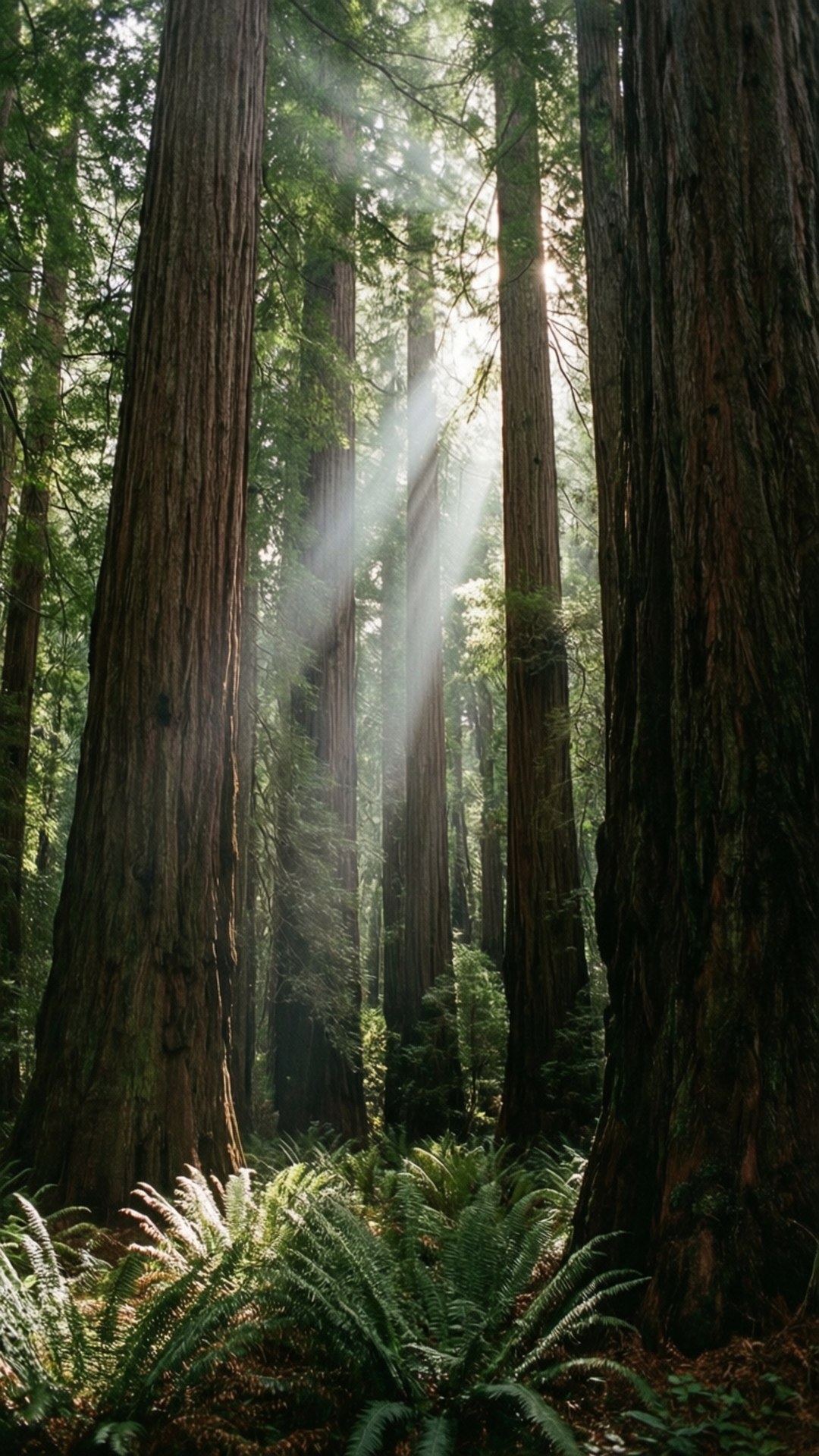 Lichtstralen door hoge redwoods in het Big Sur-bos.