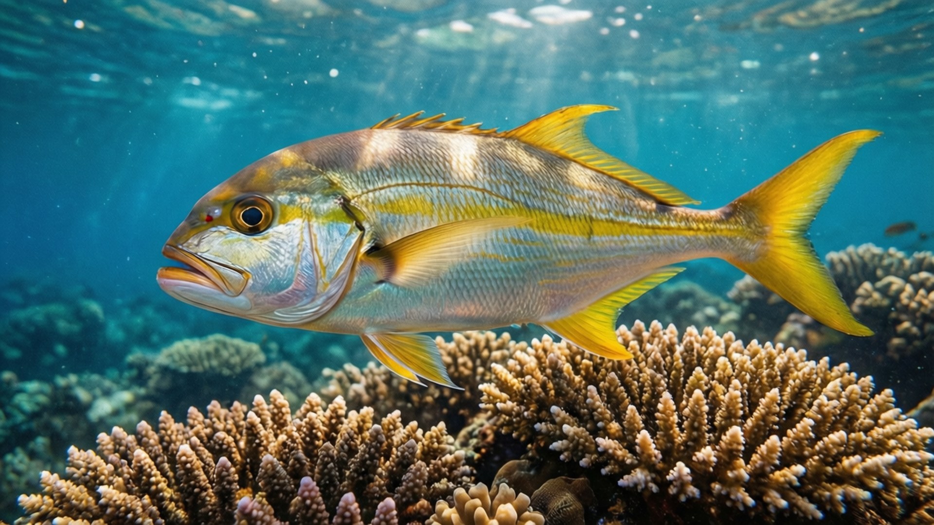 Une grande sériole nage paisiblement au-dessus d'un récif corallien coloré dans une eau bleue claire.