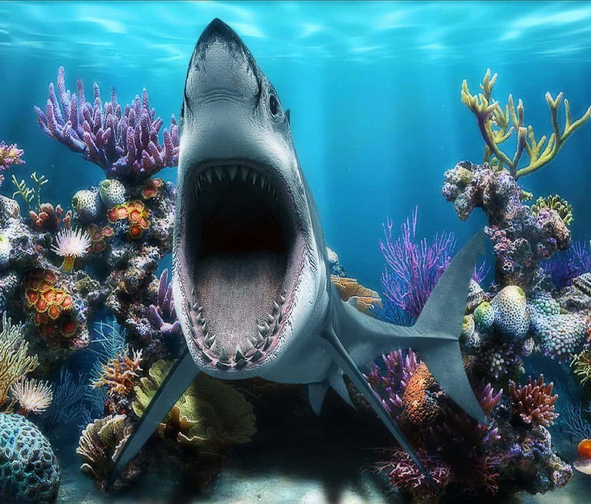 Reef Shark Open Mouth Coral Backdrop.jpg Wallpaper
