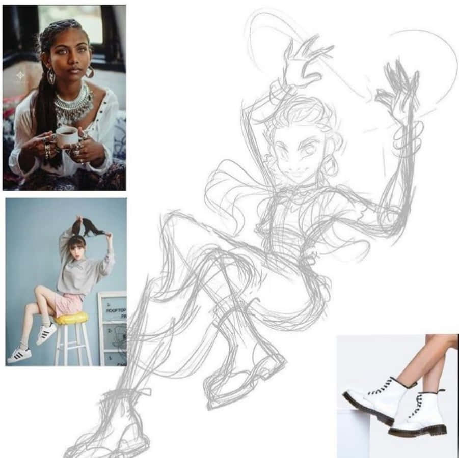 A Collage Of Drawings Of A Woman And A Pair Of Shoes
