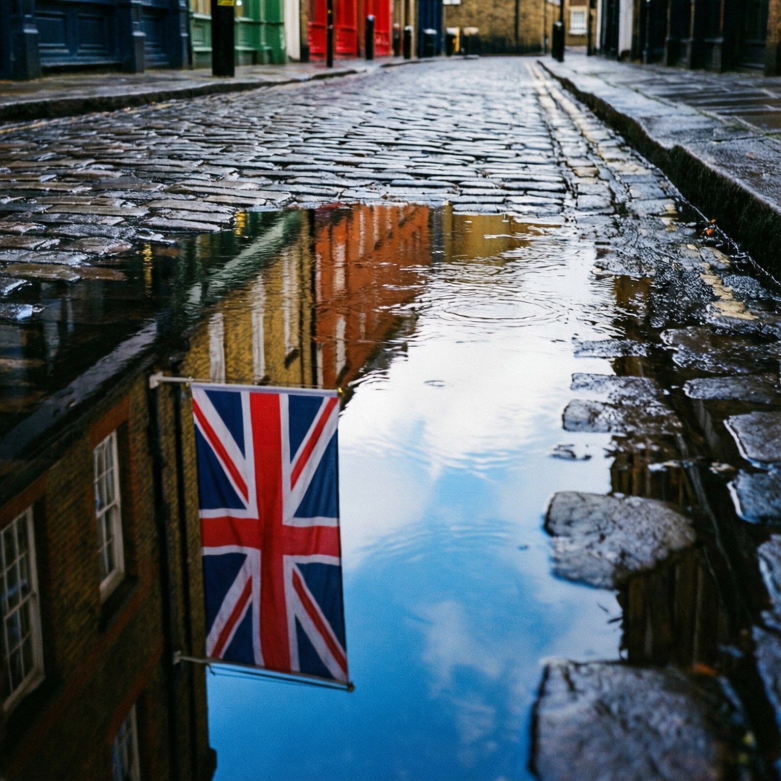 The Union Jack mirrored in a rain puddle on a cobblestone street, artistic and moody.
