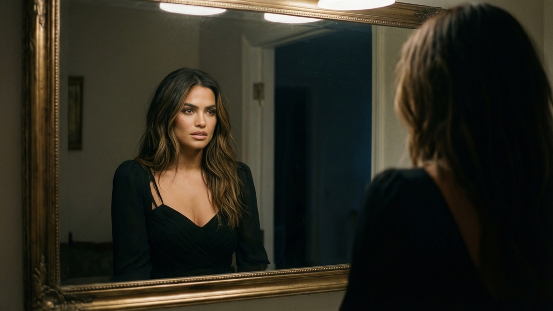 Un riflesso specchiato malinconico di Eiza Gonzalez in un abito nero.