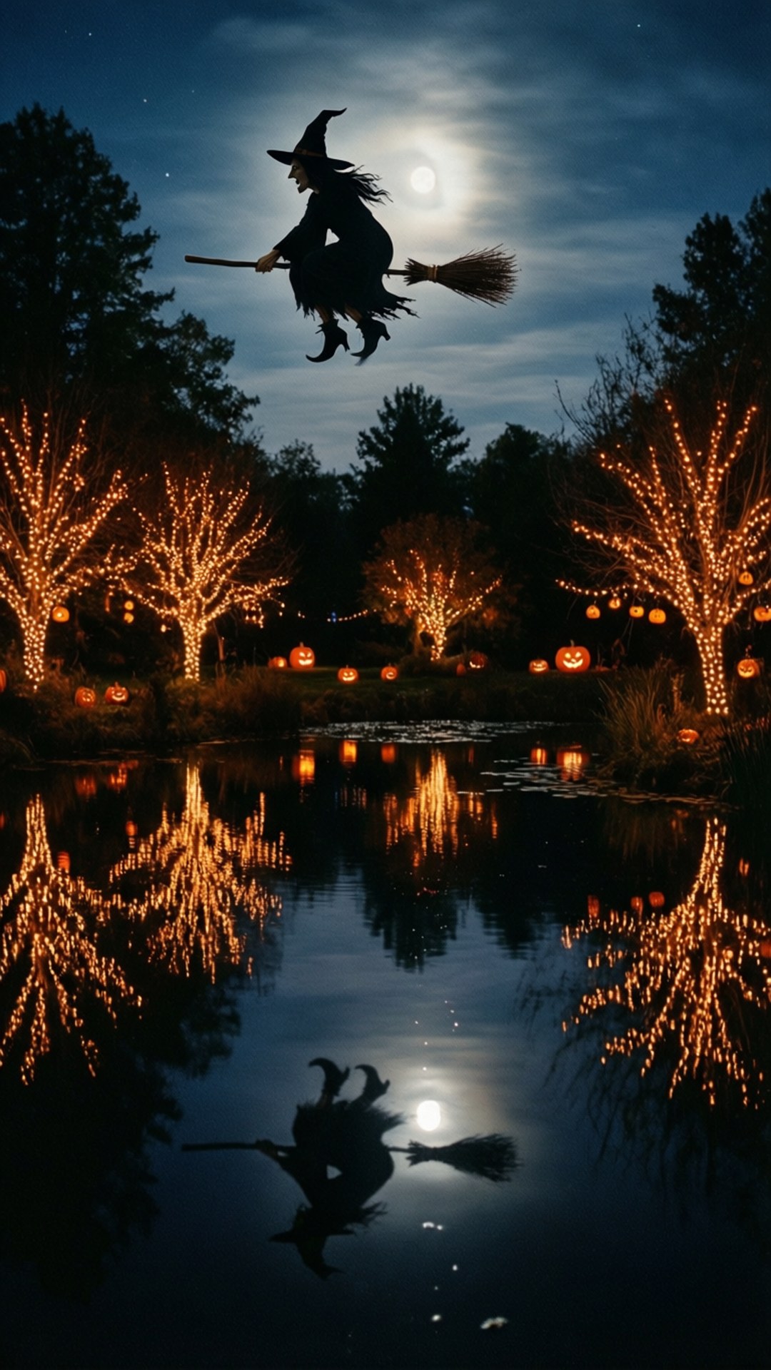 Halloween-lichten reflecteren op water met heksensilhouet.