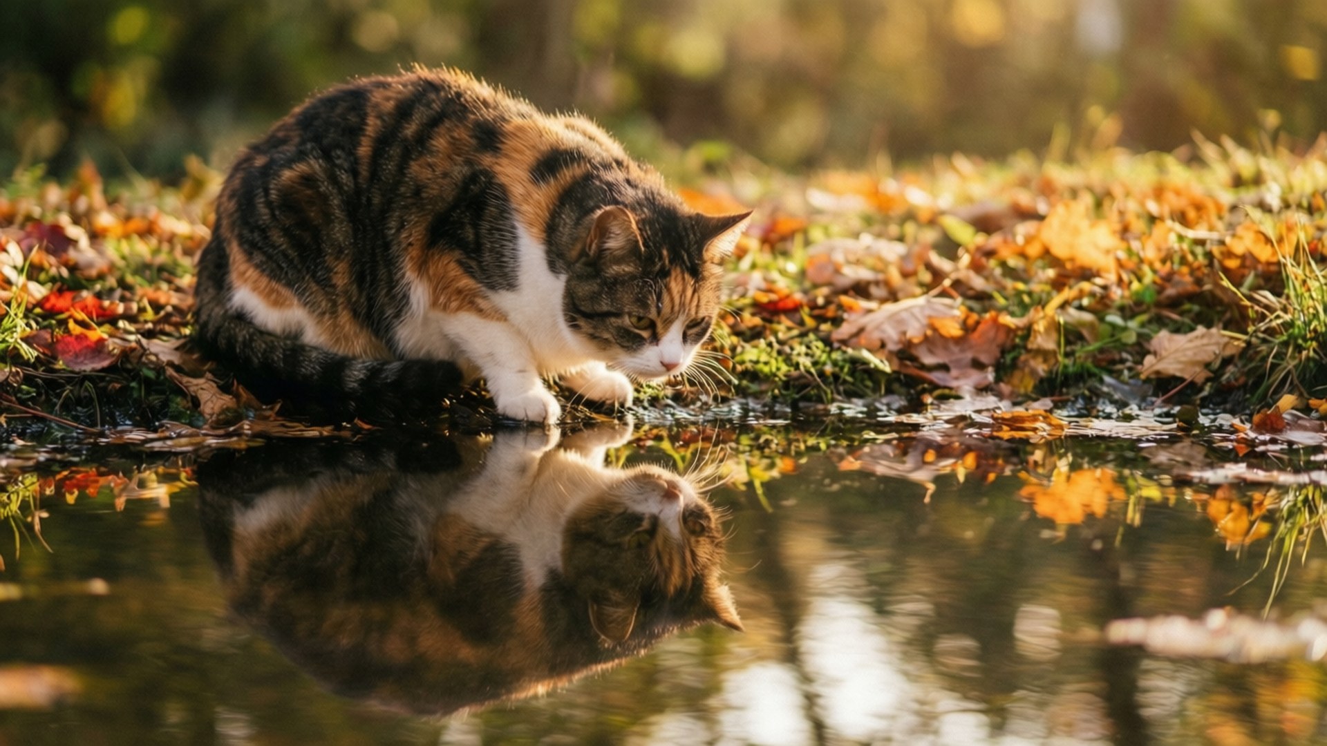 A Colorpoint Shorthair cat by a pond in autumn.