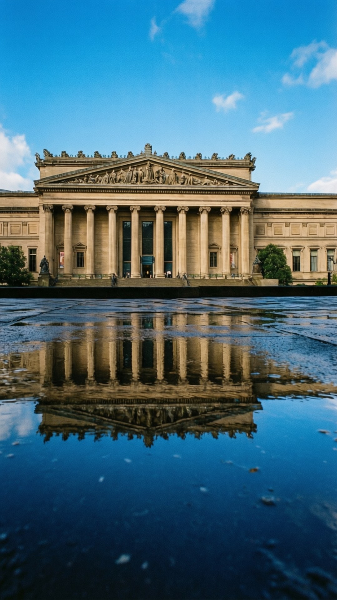 Refleksi kreatif The Broad di genangan air dengan langit biru