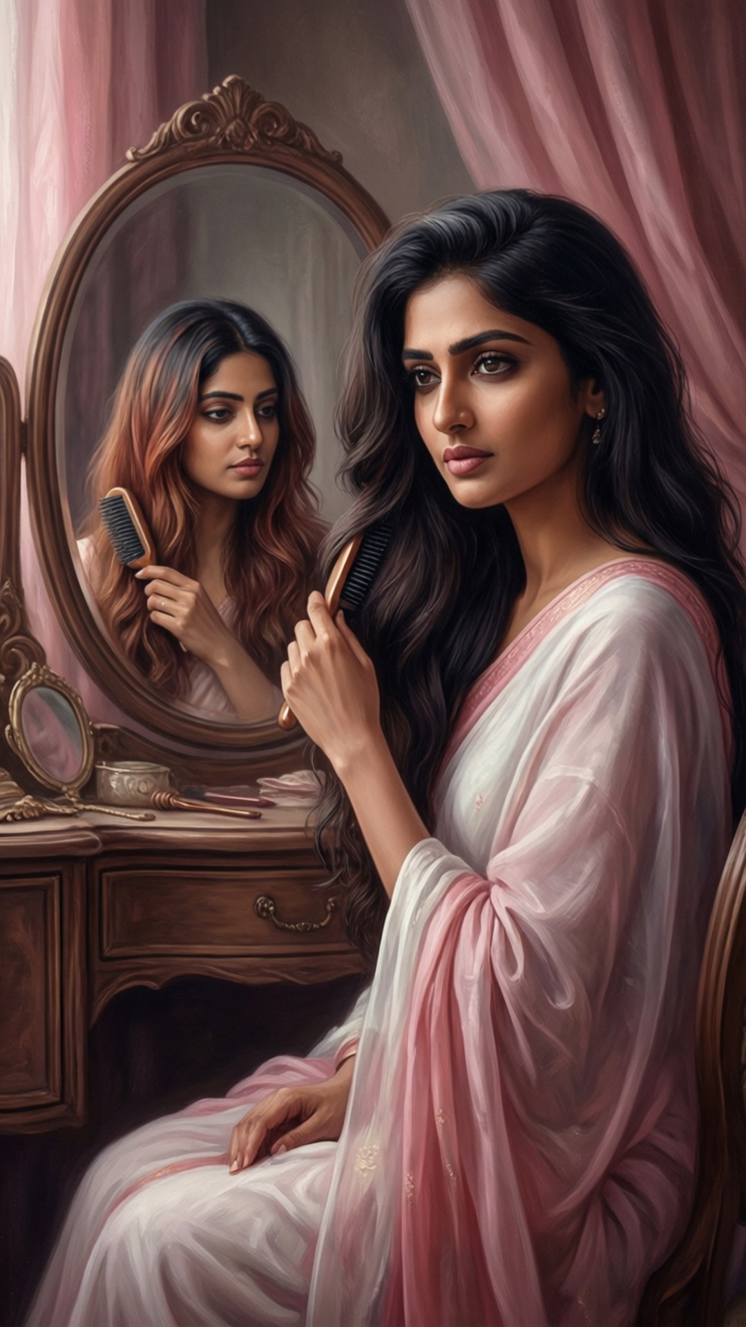 Ragatha gazes at her reflection, contemplating a new look.