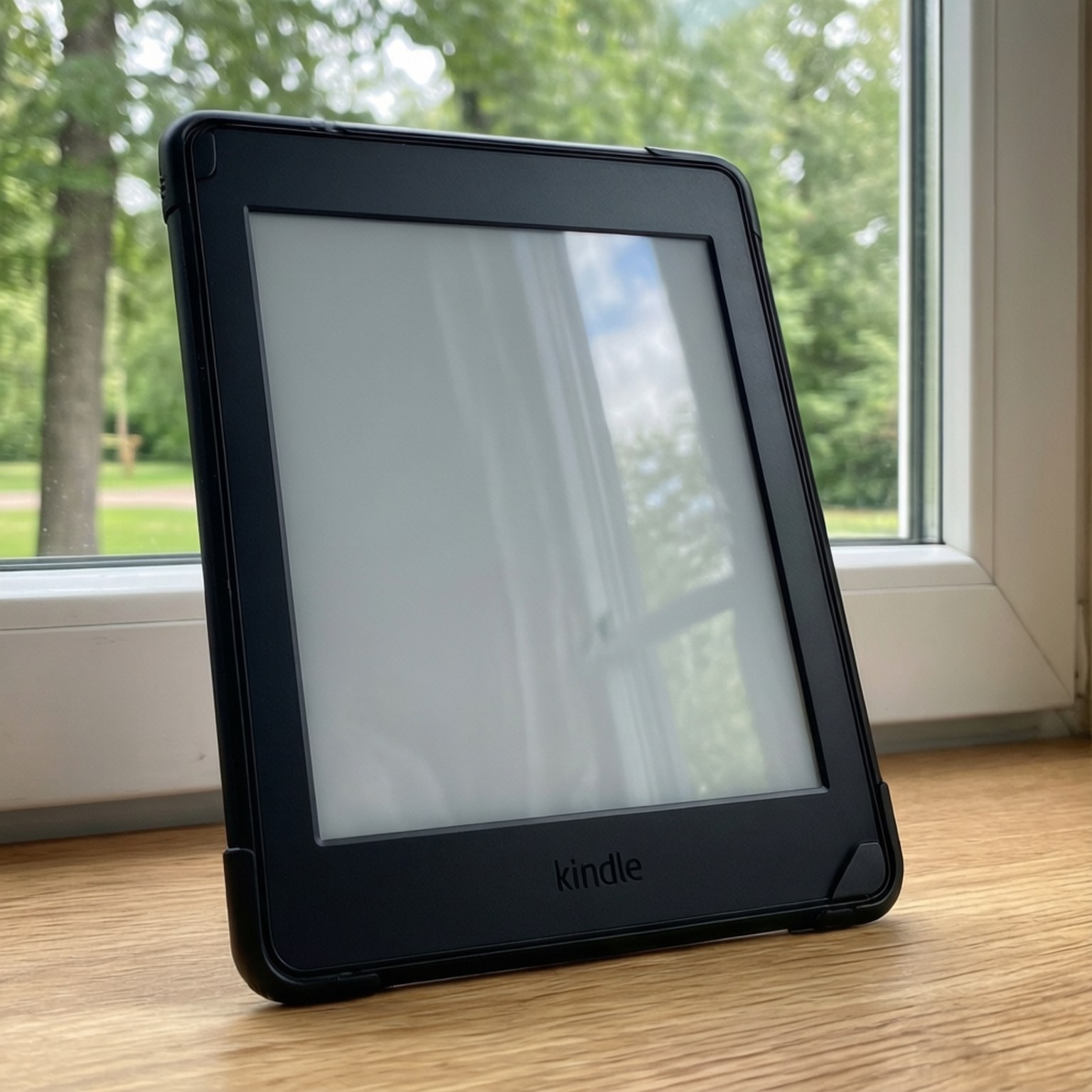 A Kindle with a matte screen displaying a window reflection, nature-inspired.