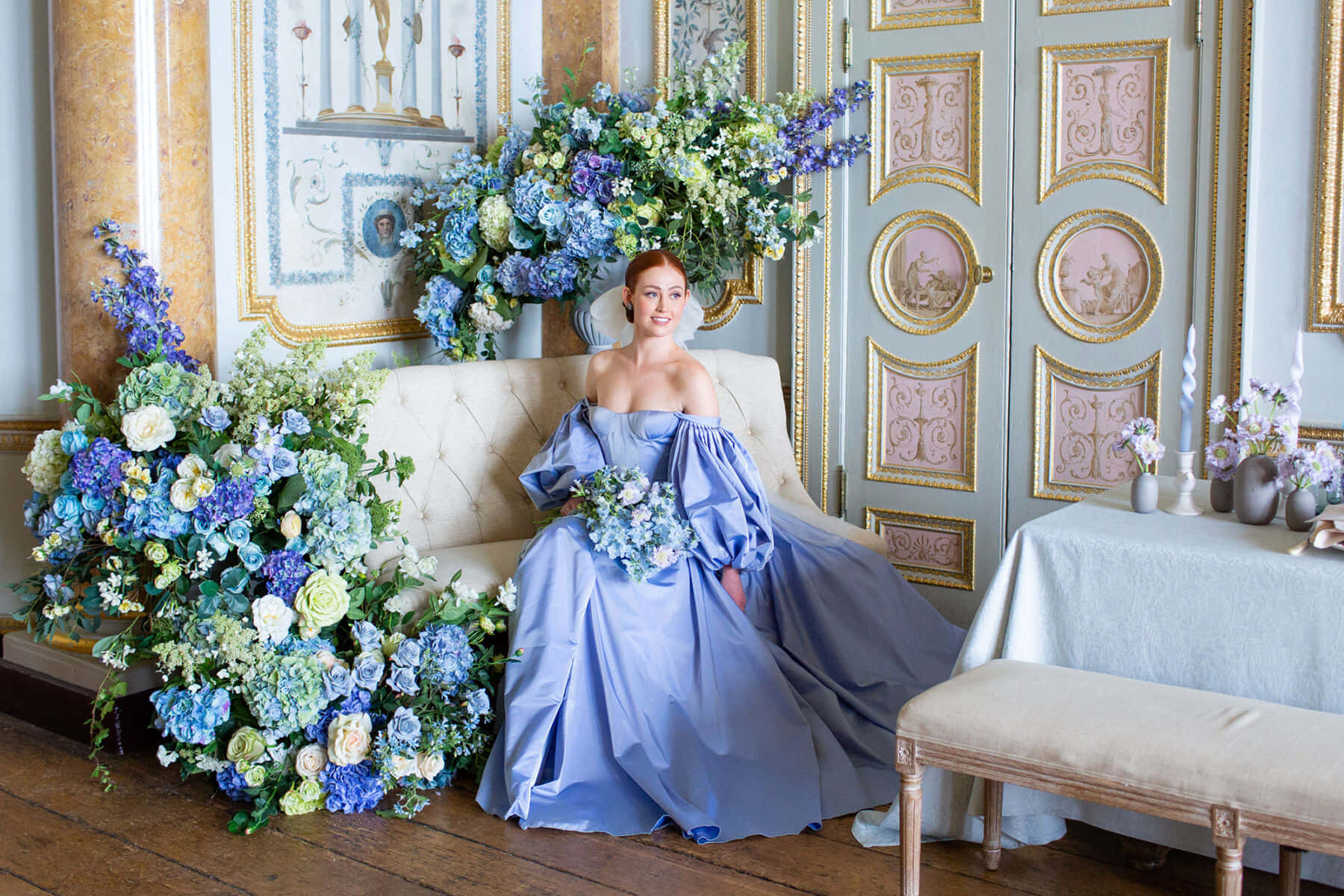 Regency Era Blue Gown Floral Backdrop Wallpaper