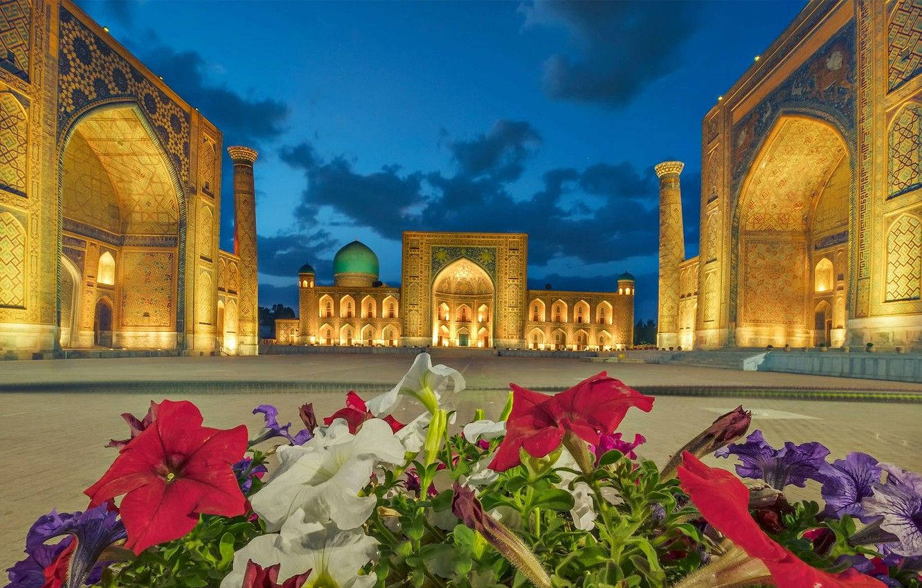 Registan Square Samarkand With Flowers Wallpaper