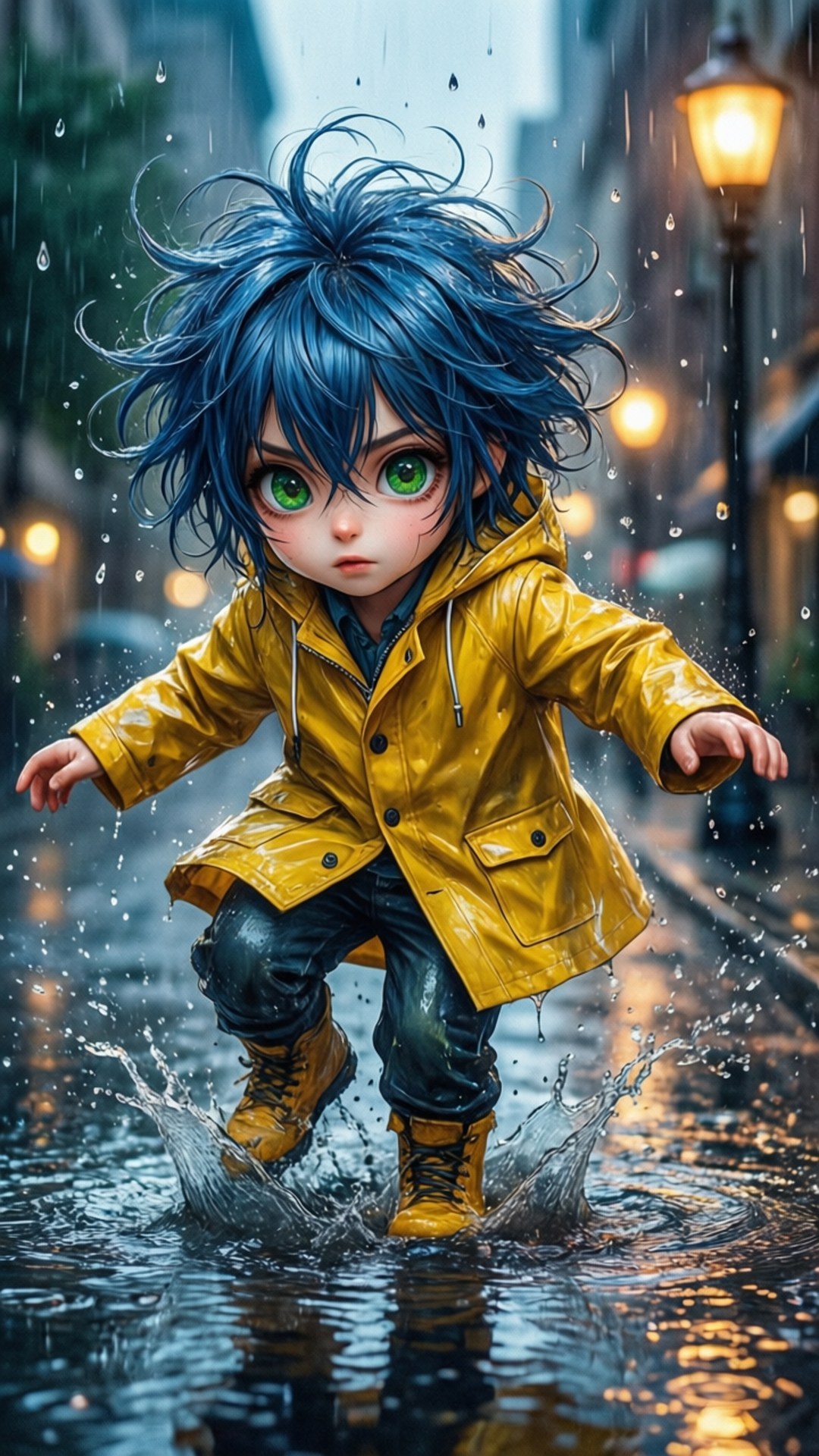 Rainy Day Splash Wallpaper — A chibi anime boy with blue hair and green eyes leaps through a rain-splashed city street in a yellow raincoat.