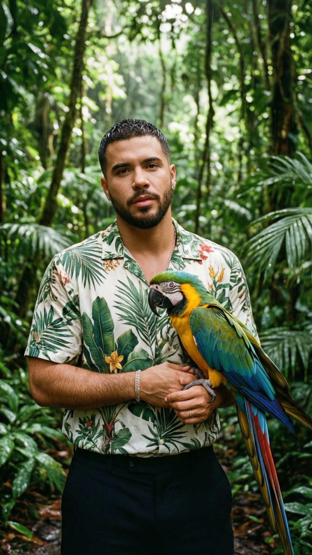 Rainforest Vibe Wallpaper — A man in a tropical shirt holds a colorful macaw in a lush green jungle.