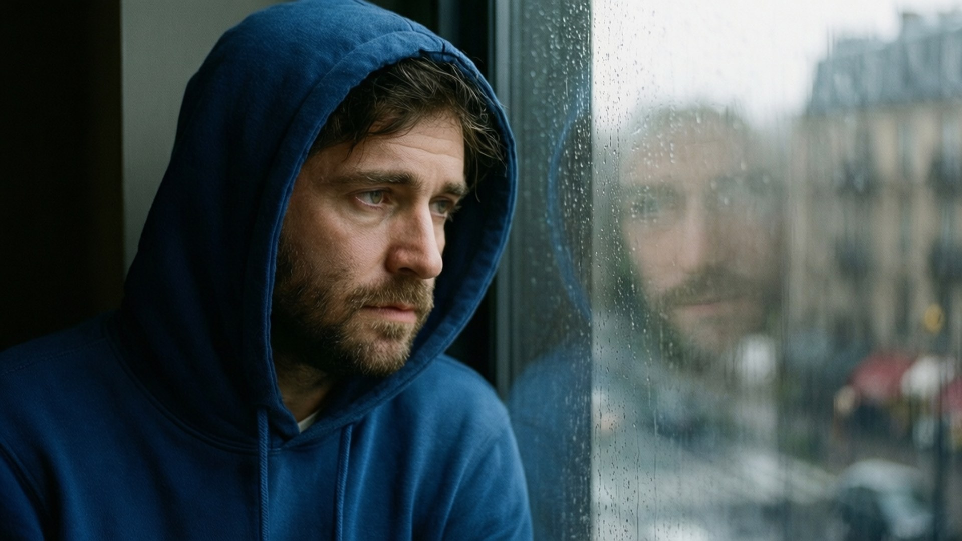 Rainy Day Reflection Wallpaper — A man in a blue hoodie gazes out a rain-streaked window with a pensive expression as his reflection blurs in the wet glass.