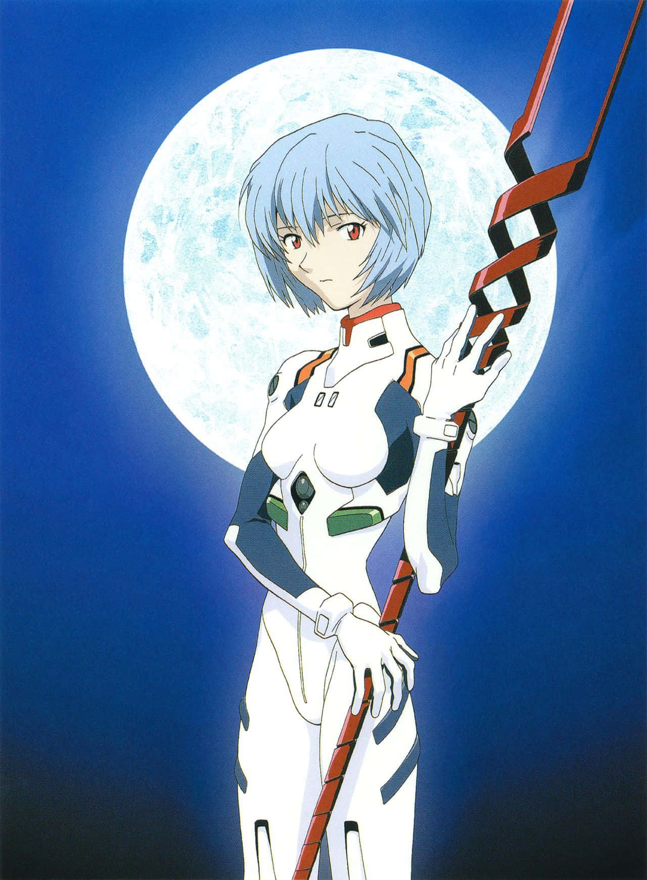 Rei Ayanami from Neon Genesis Evangelion posing in front of a white background. Wallpaper