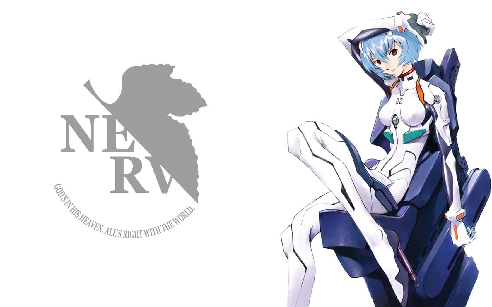 Rei Ayanami with a Thoughtful Gaze in Front of NERV Background Wallpaper
