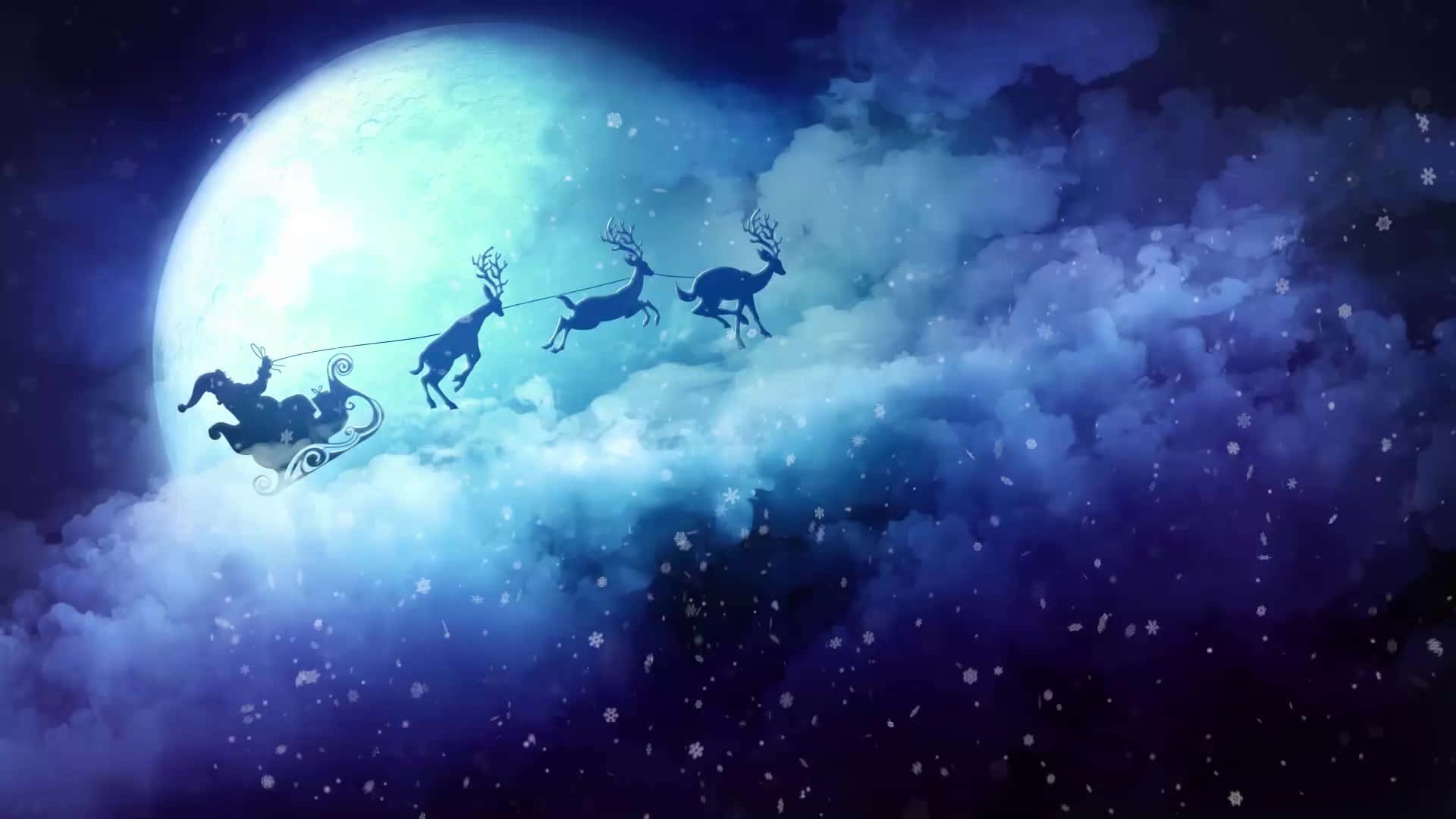 Santa Claus Flying Over The Moon With Reindeer