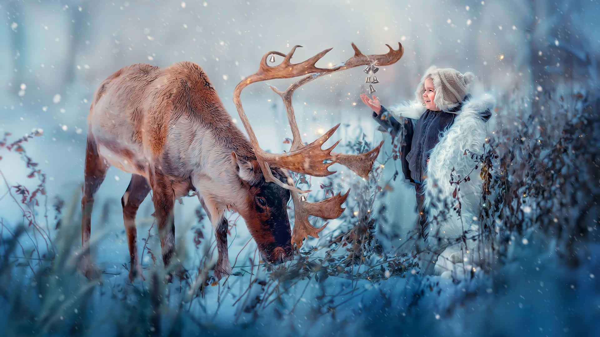 Two Reindeers Standing In Front Of A Winter Scene
