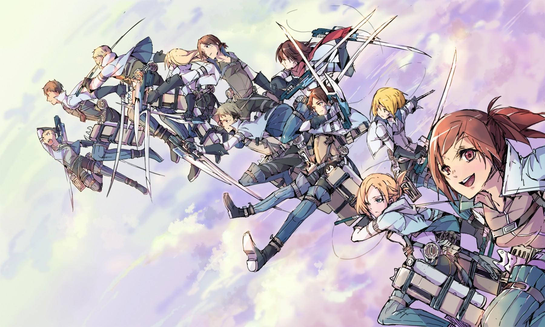 A Group Of Anime Characters Flying In The Air Wallpaper