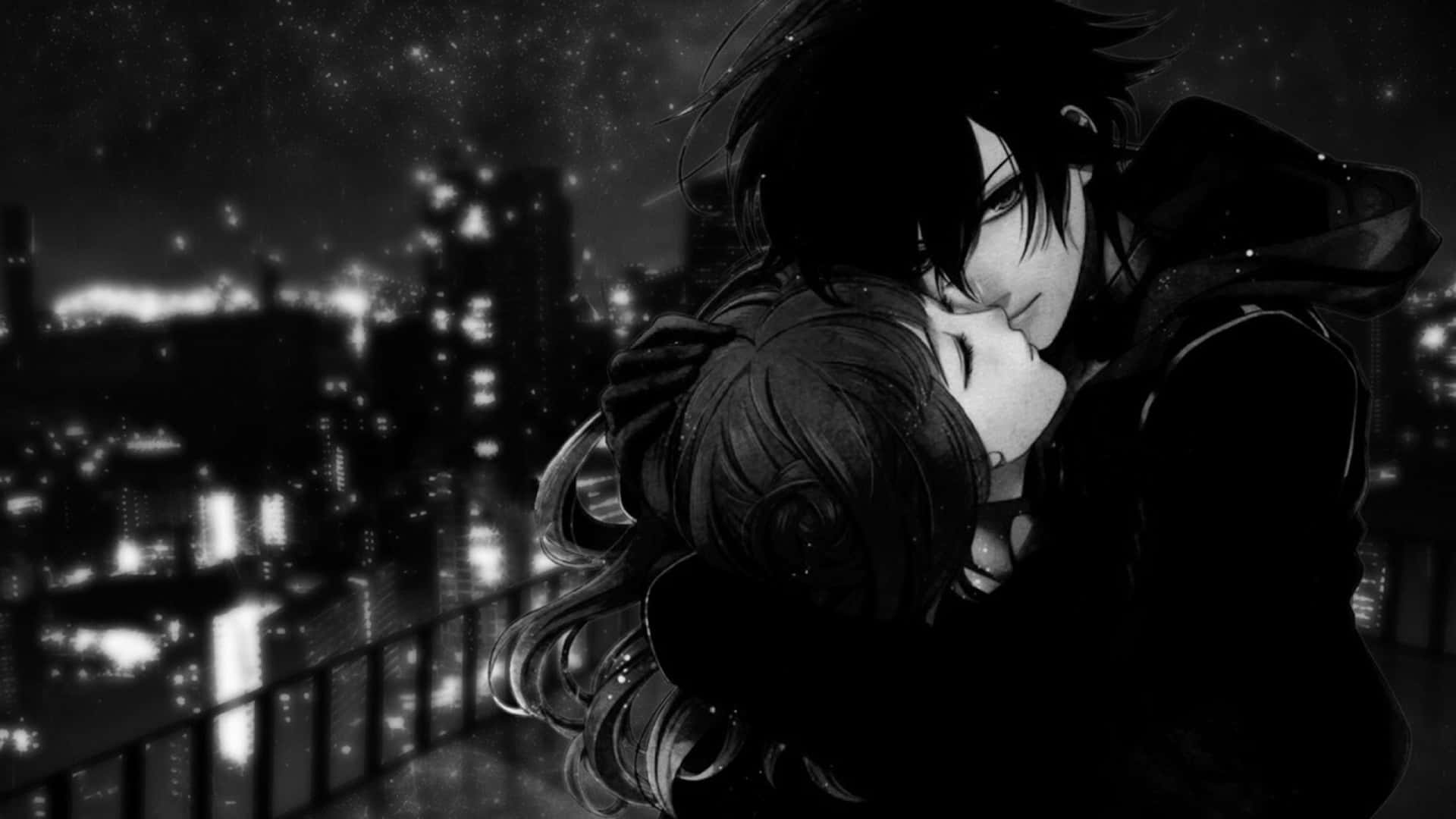 cute anime couples kissing in black and white