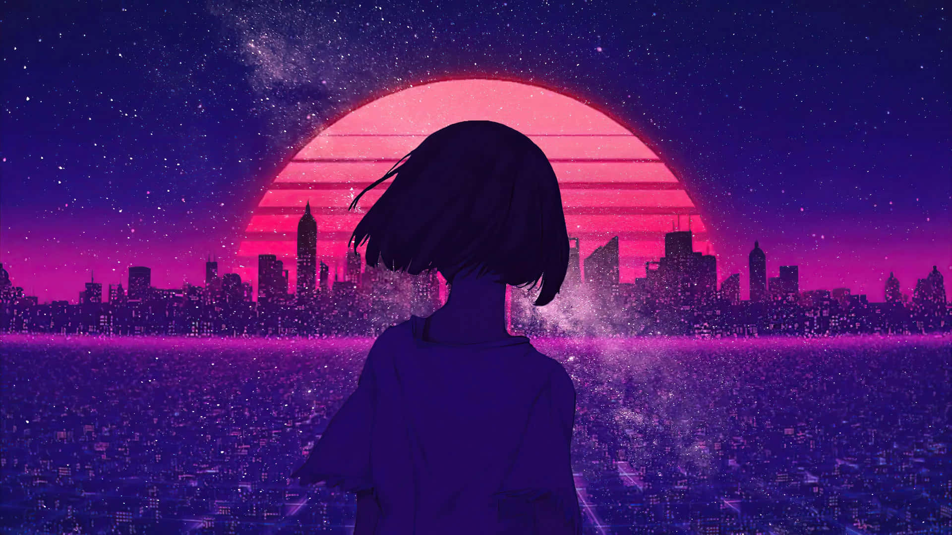 Purple Anime Girl Relax In City Picture