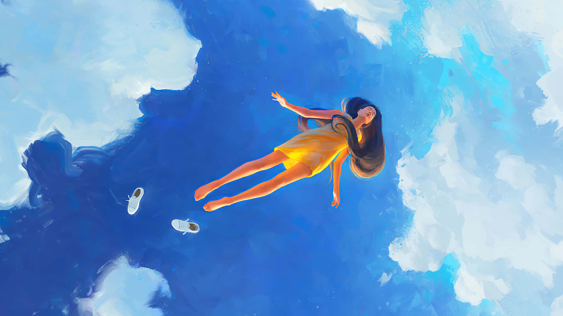 Mulherflutuando Em Um Céu Azul Em Uma Imagem Relaxante.