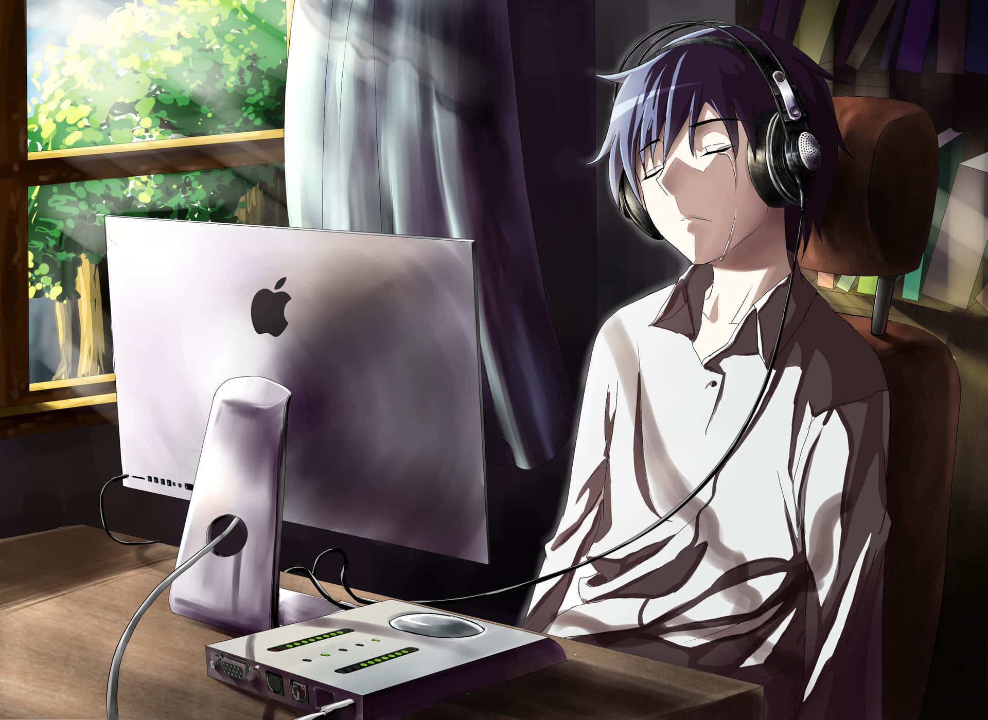 Relaxed Anime Character Listeningto Music Wallpaper