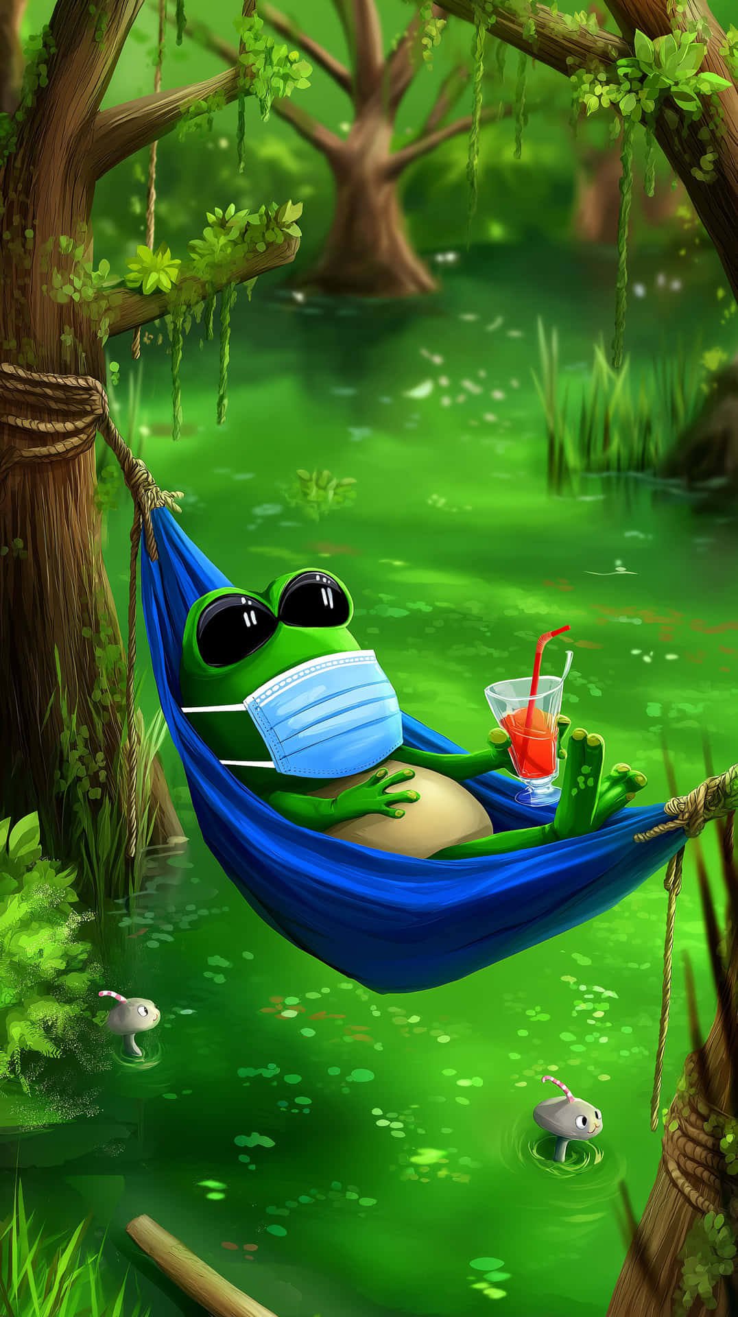 Relaxed Cartoon Frog Enjoying A Drink In A Hammock Wallpaper