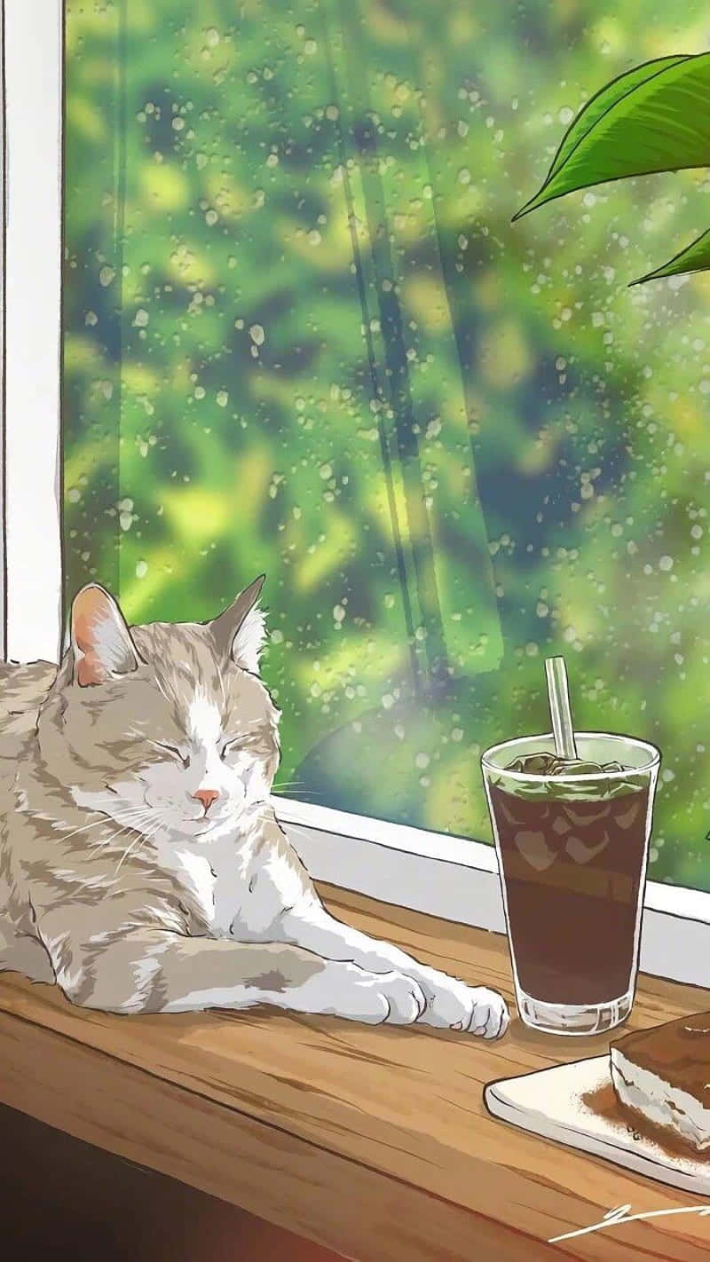 Relaxed Cat By Window With Drink Wallpaper