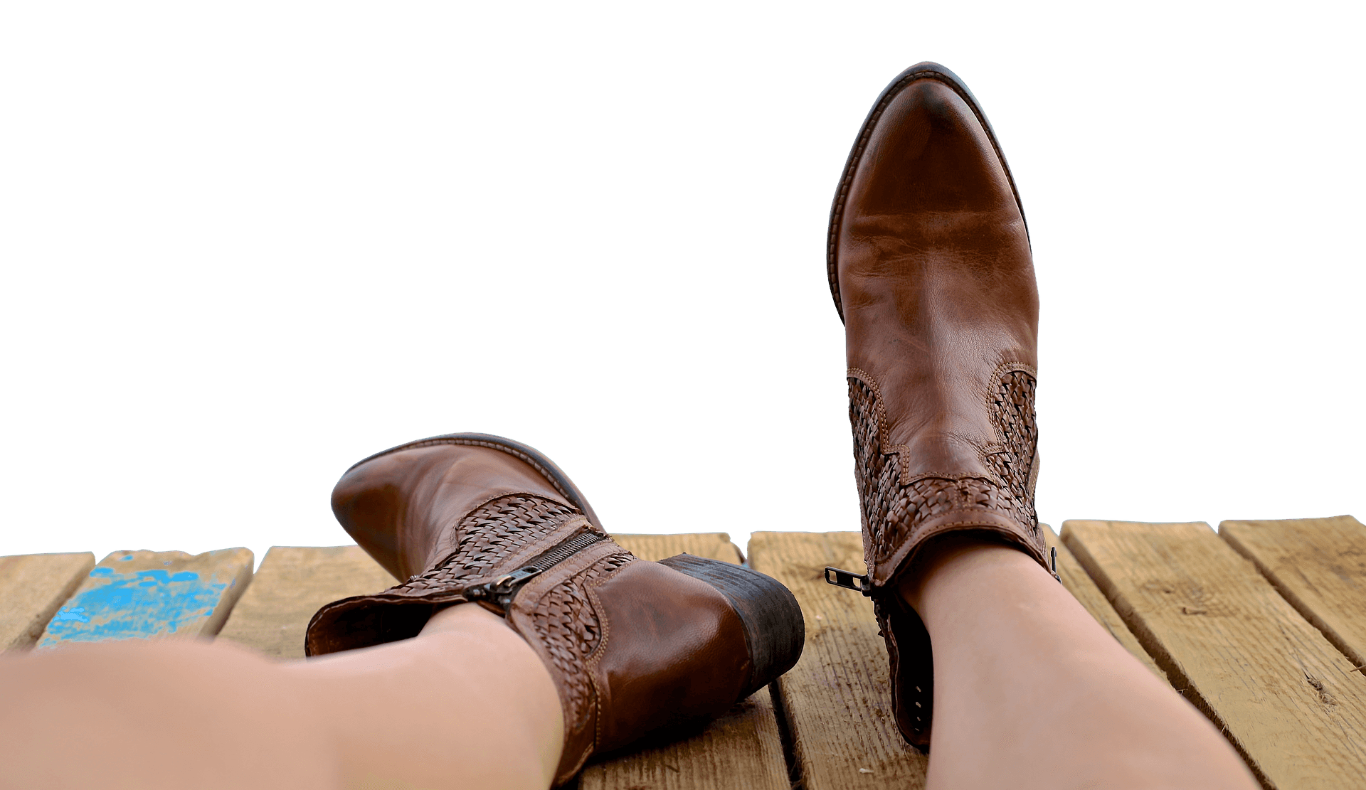 Relaxed Leather Boots Wooden Dock PNG