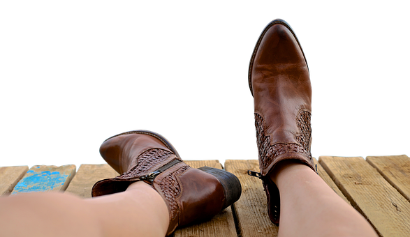 Relaxed Leather Boots Wooden Dock PNG