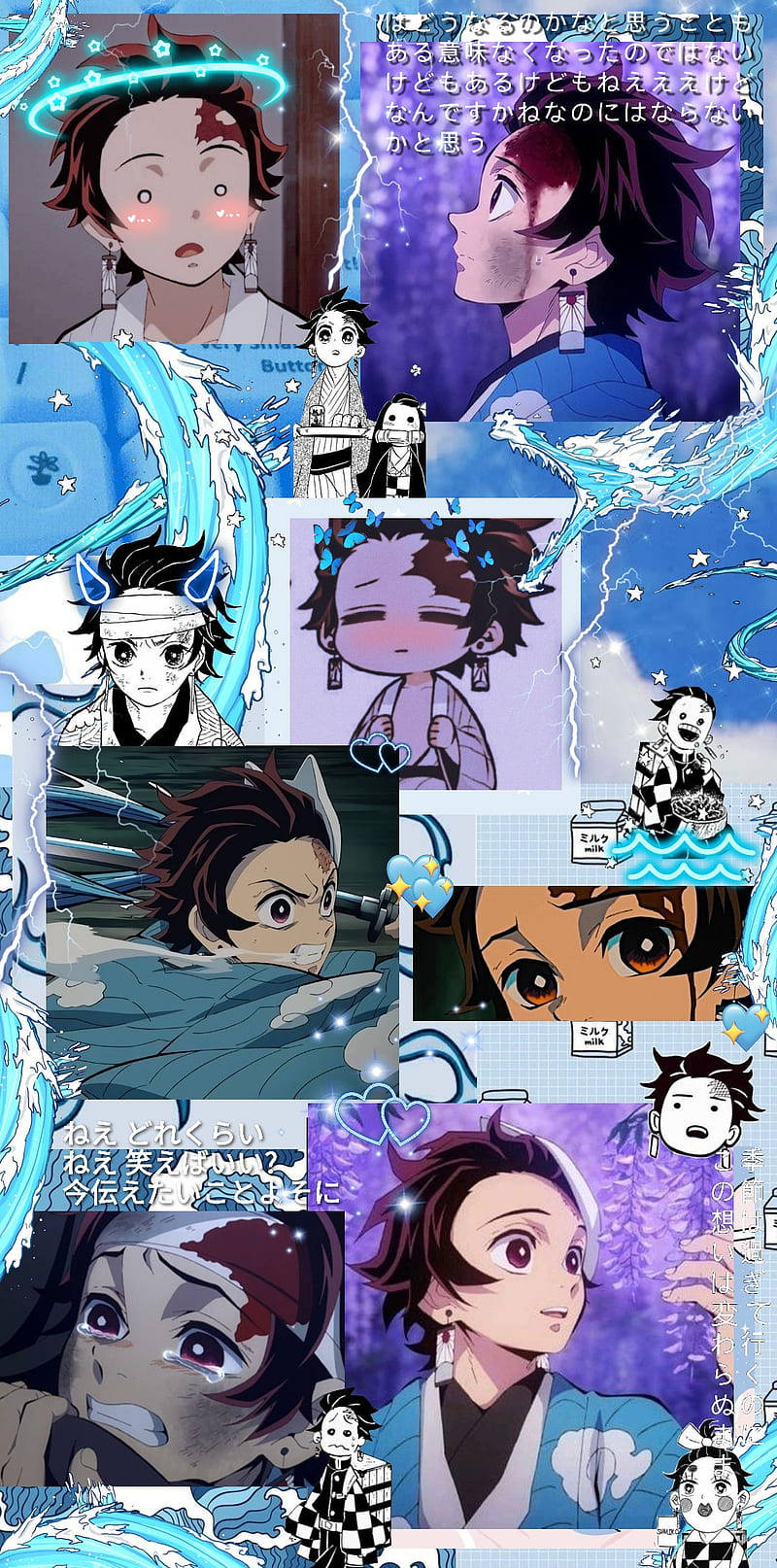 Entspannendesblaues Tanjiro-ästhetisches Collage Wallpaper
