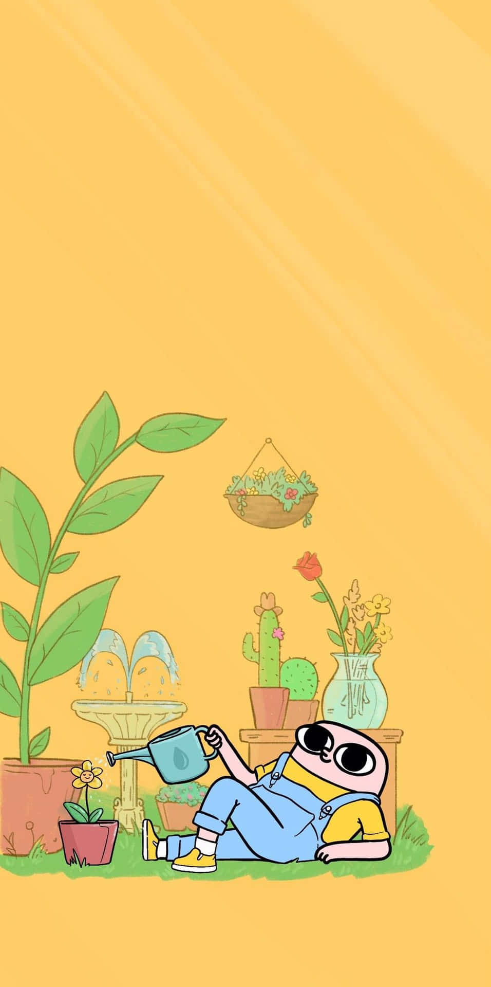Relaxing Cartoon Character Gardening Mobile Wallpaper Wallpaper