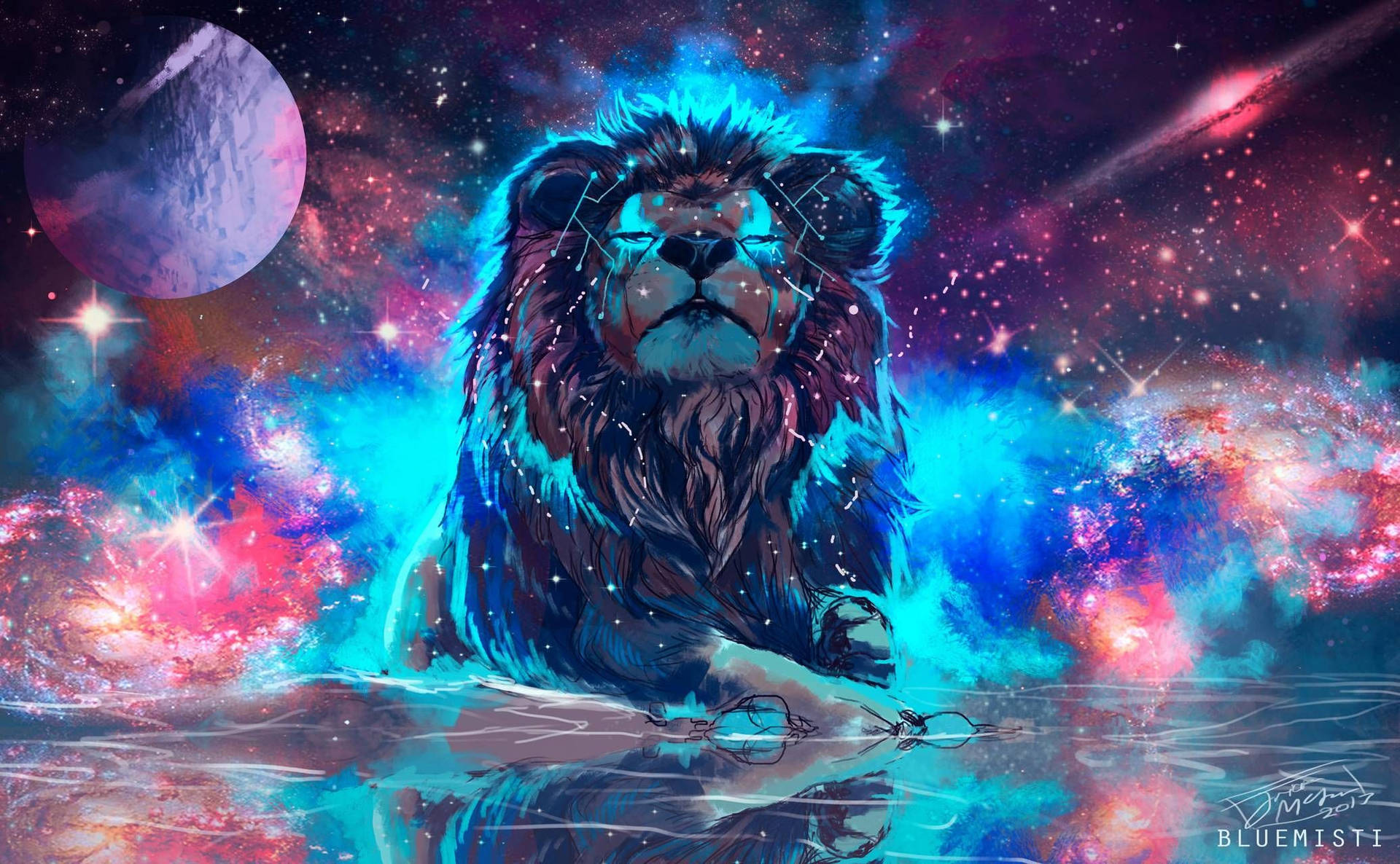 Relaxing Lion Galaxy Neon Art Background