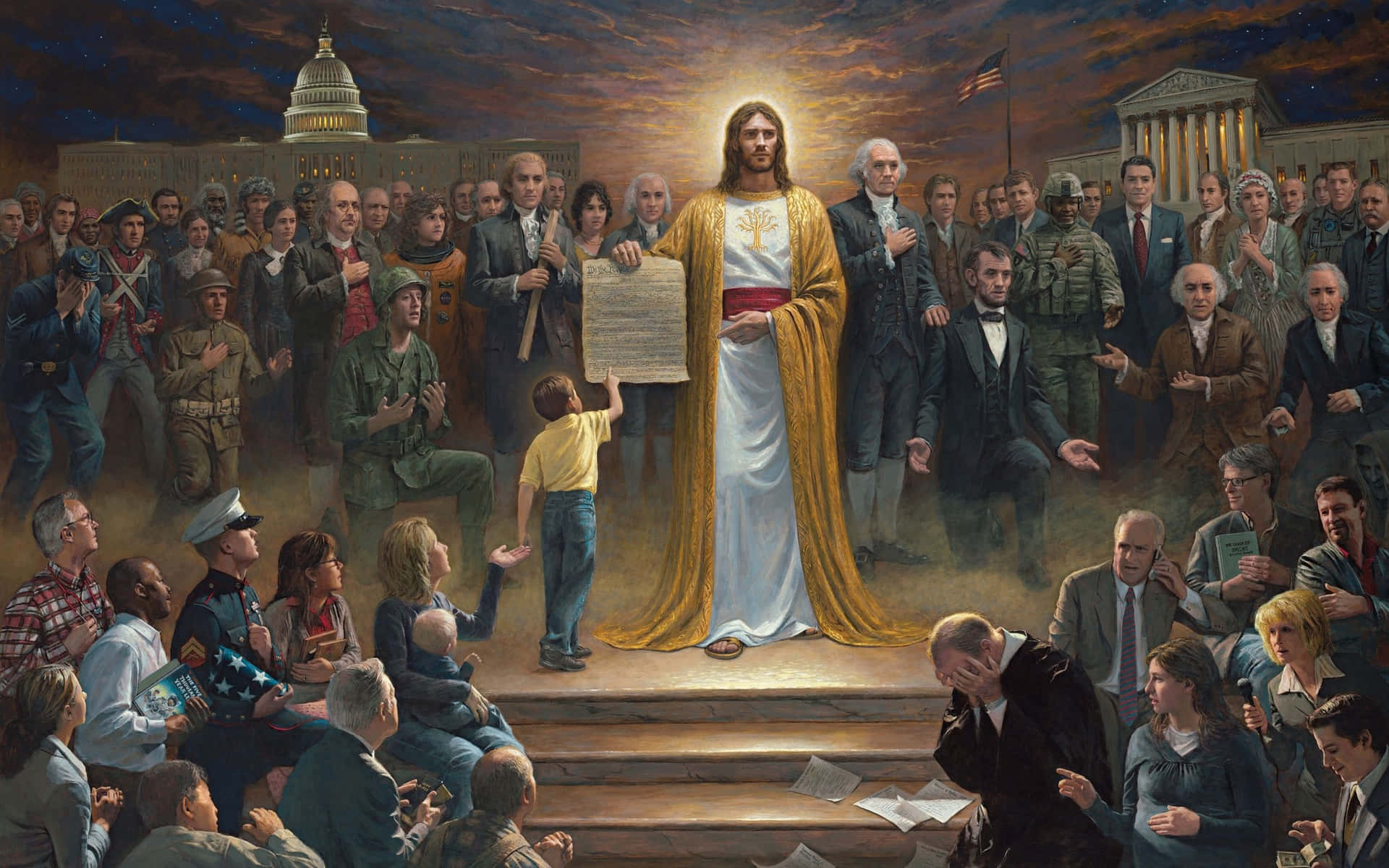 Jesus Standing In Front Of A Crowd Of People Wallpaper