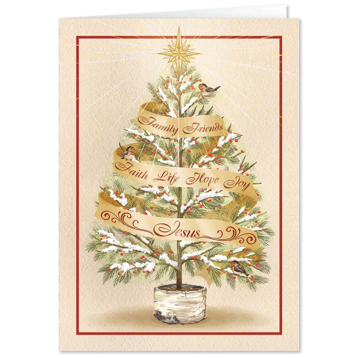 A Christmas Card With A Tree And A Ribbon