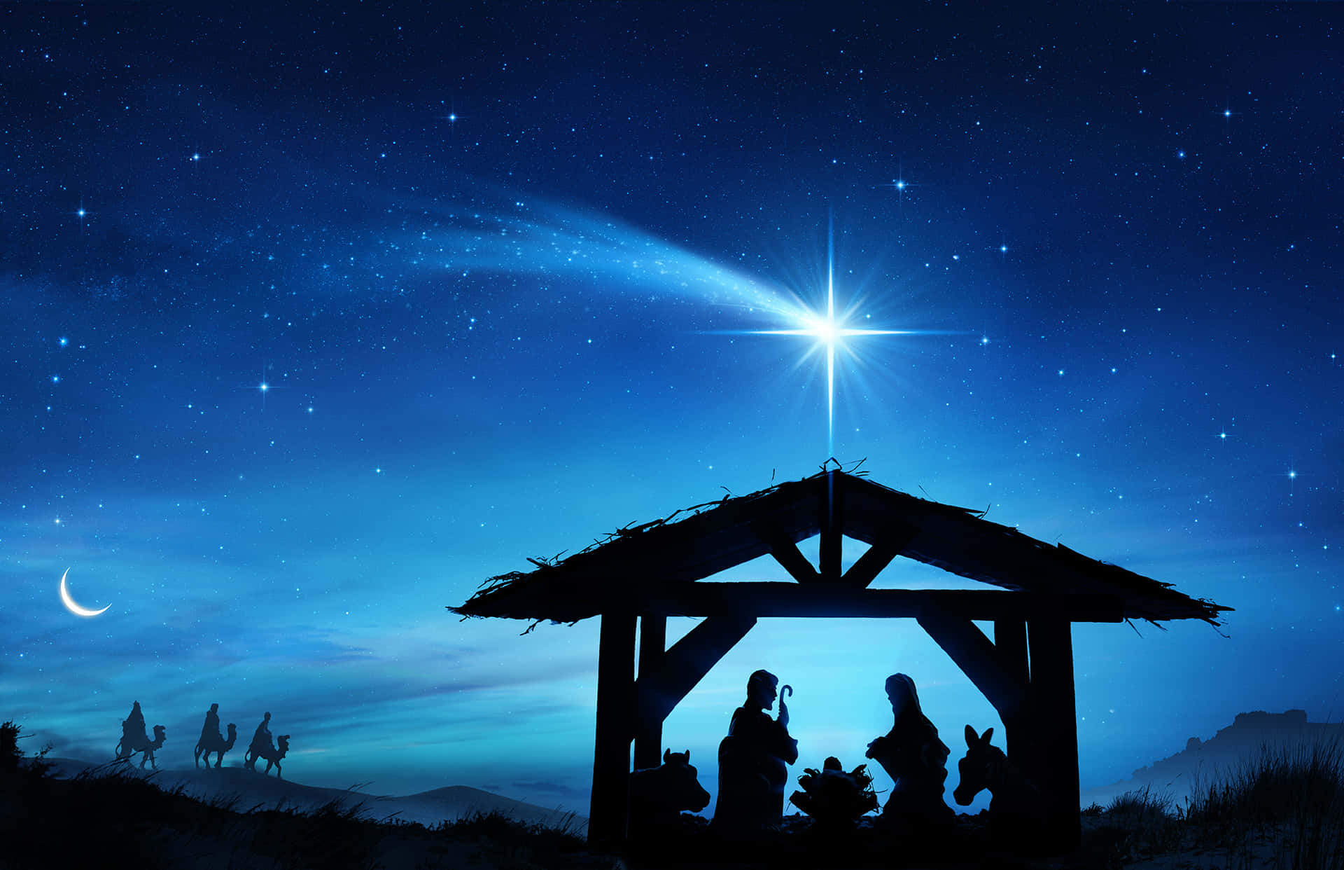 A Silhouette Of The Nativity Scene With The Star In The Sky