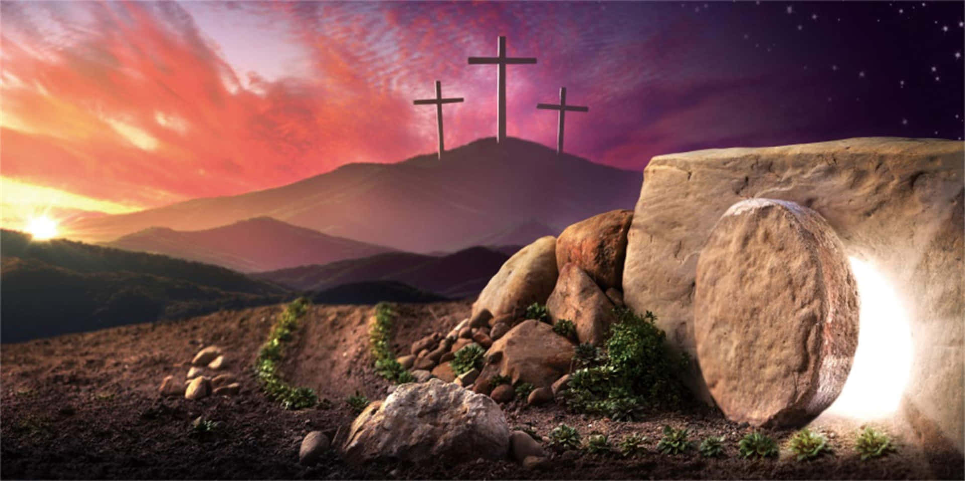 Inspirational Religious Easter Background featuring the Cross on a Hill