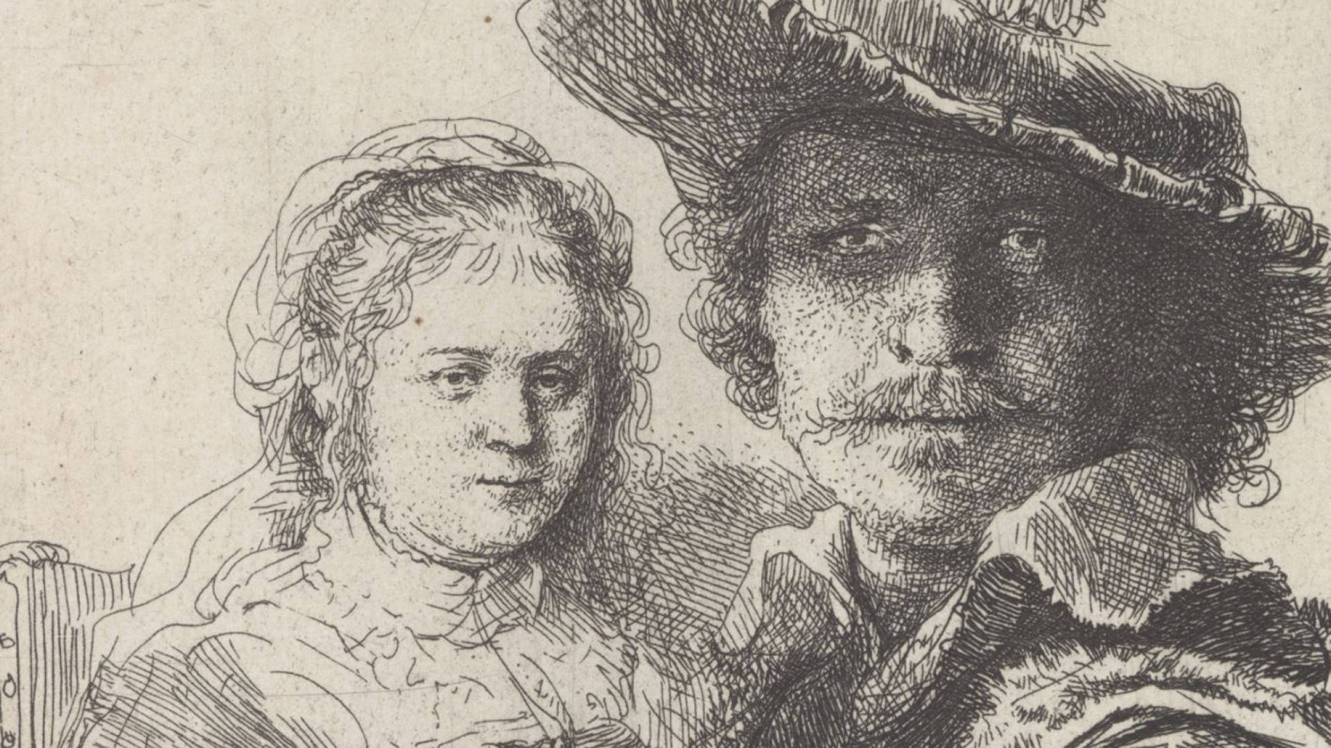 Scene On Wallpaper - Rembrandt og Saskia Tegner Scene på Tapet Wallpaper