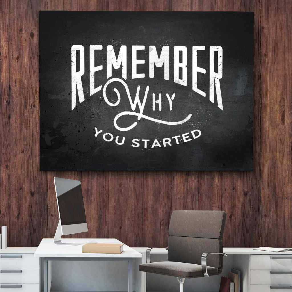 En sort og hvid plakat med ordene husk hvorfor du startede Wallpaper