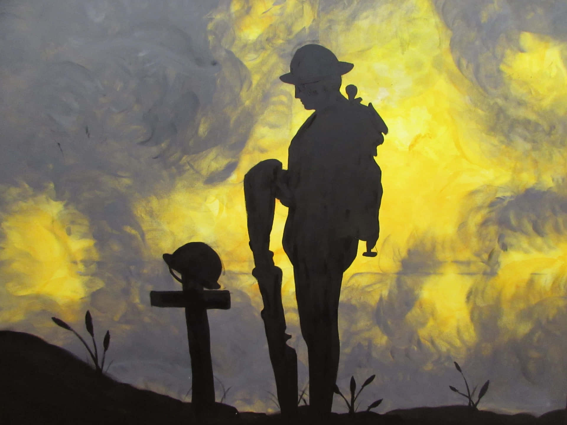 A Silhouette Of A Soldier Standing In Front Of A Cross